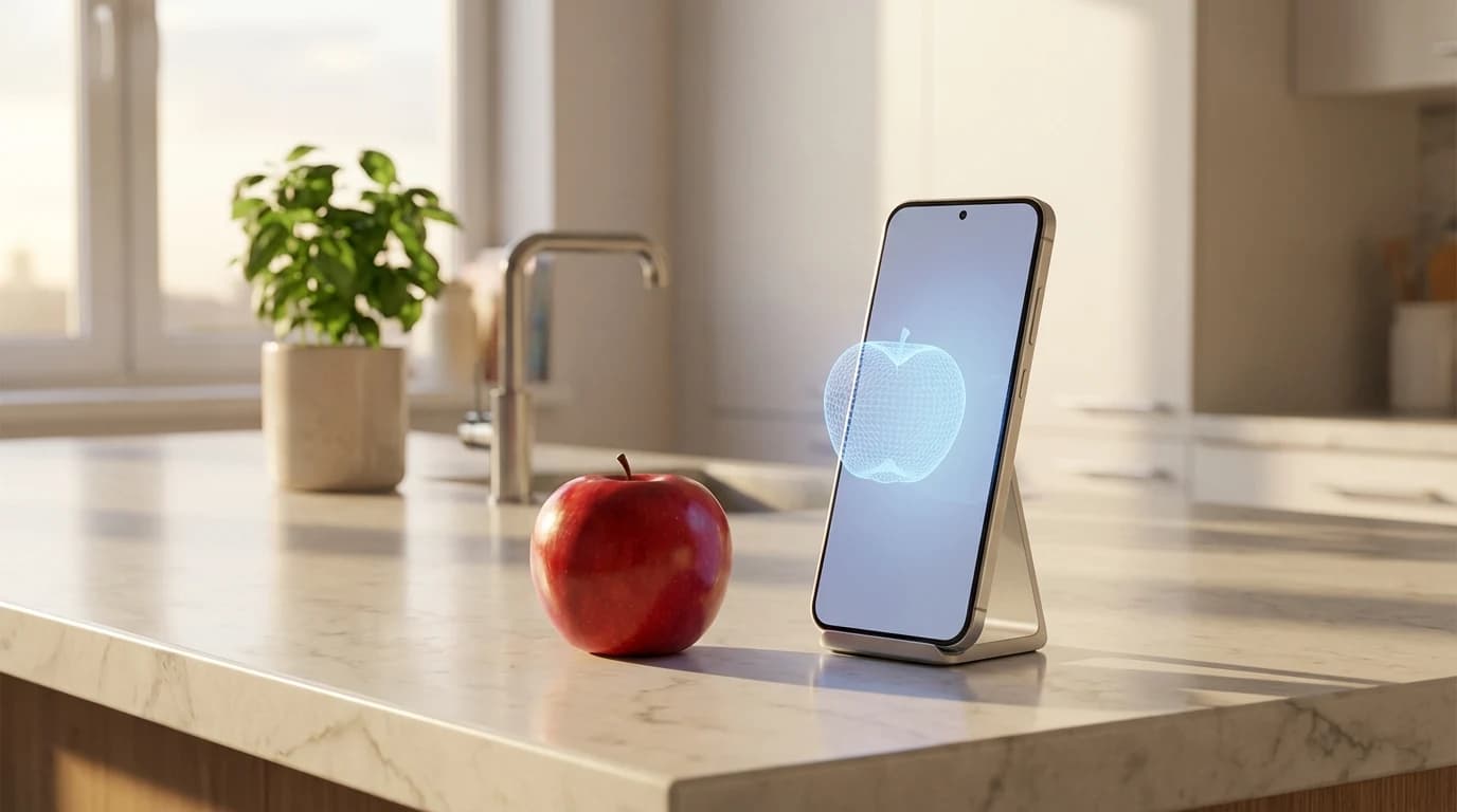 A modern smartphone scanning a plate of food using AI computer vision to estimate weight