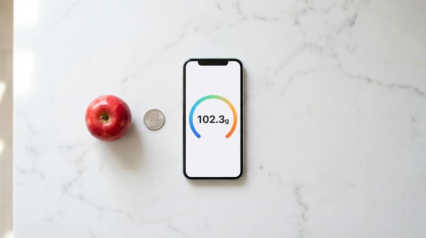 A smartphone resting flat on a kitchen counter displaying a digital scale interface with a coin and small object beside it