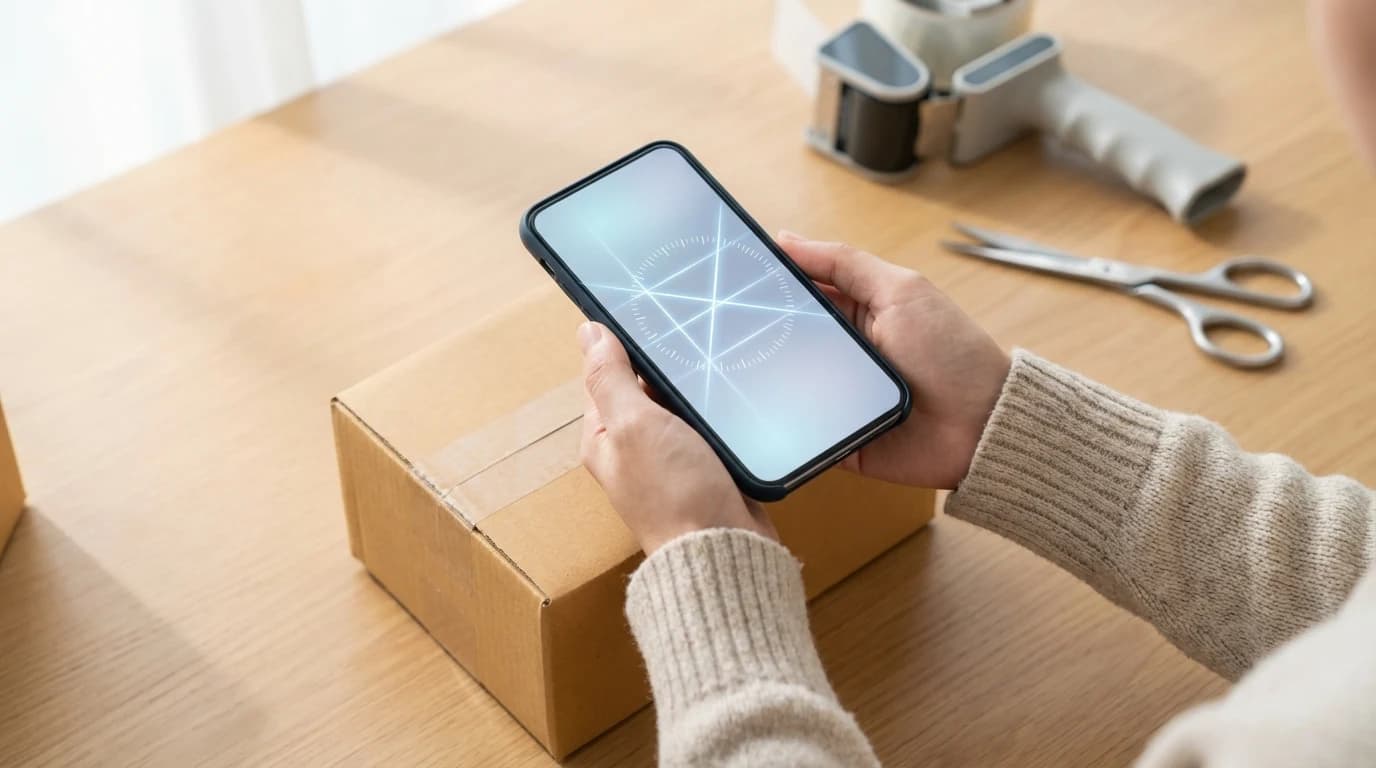 A person using a smartphone app and household items to estimate the weight of a shipping box