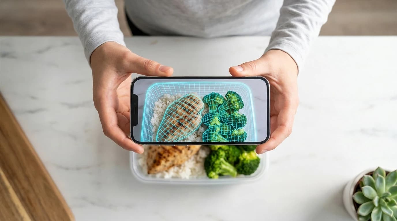 Person using a smartphone camera to estimate the weight of meal prep containers filled with portioned food