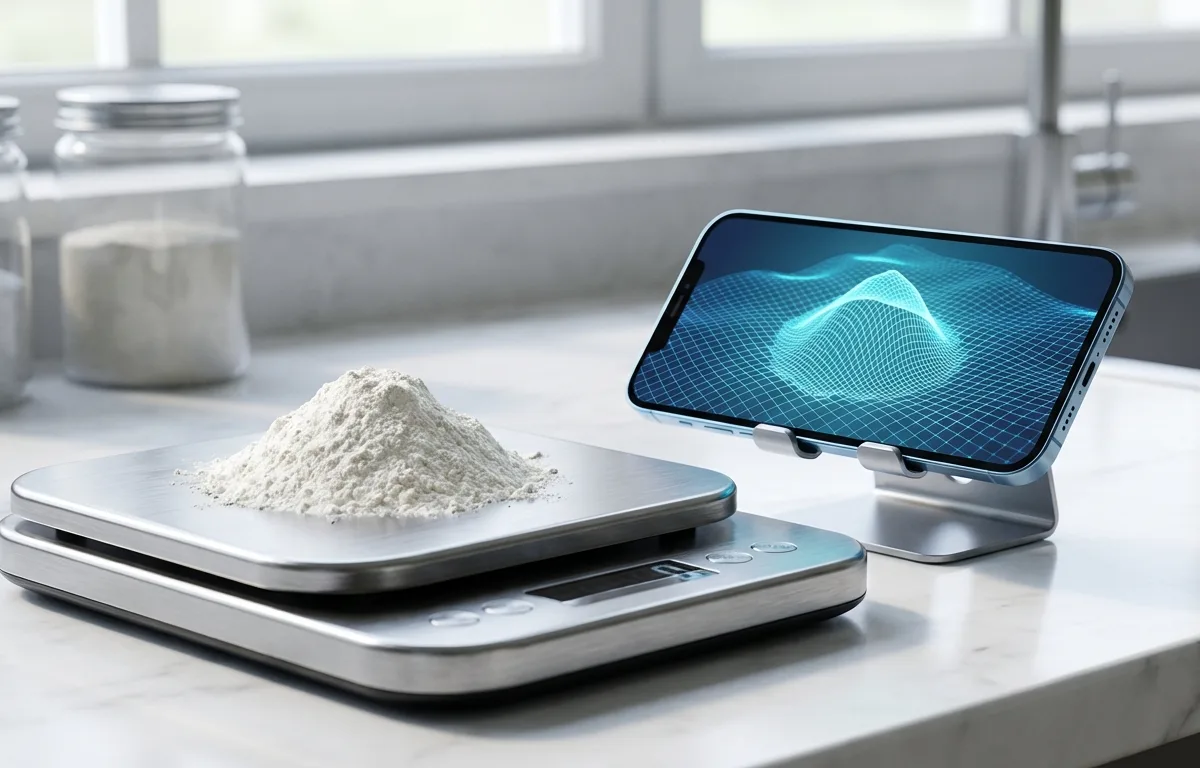 Side-by-side comparison of digital kitchen scale and phone scale app