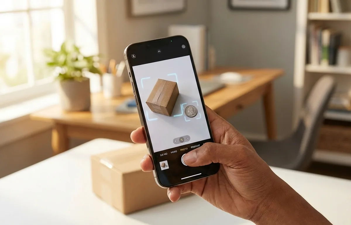 Person using phone camera to photograph a package next to a coin for AI weight reference calibration