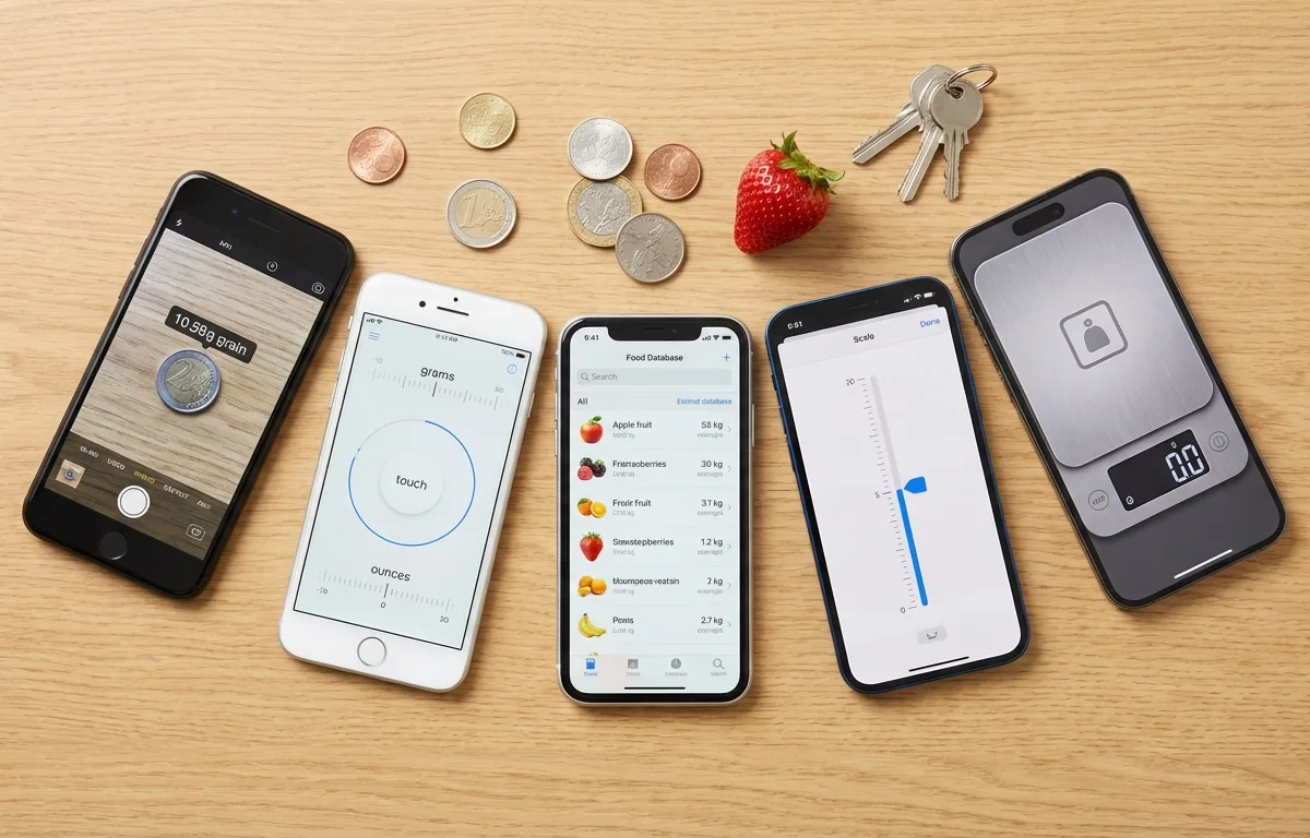 iPhone displaying a scale app interface on a kitchen counter with an apple and coin reference object