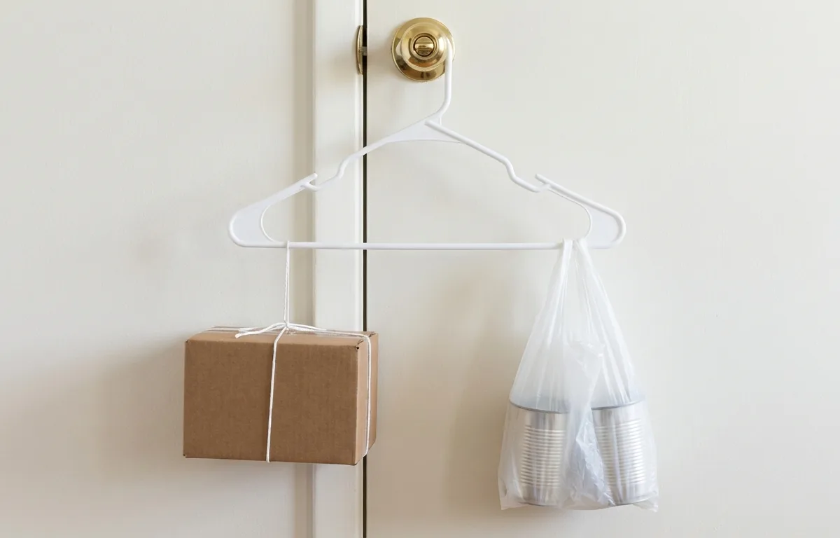 A homemade balance scale using a clothes hanger, a doorknob, a shipping box, and canned goods