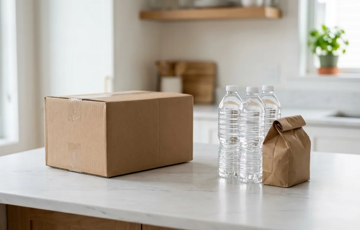 Comparing a shipping box to household items like water bottles and a bag of sugar