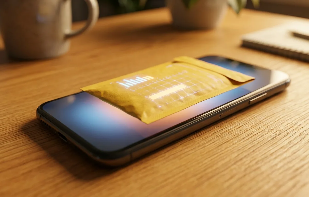 A padded shipping envelope resting on a smartphone screen showing a digital scale application