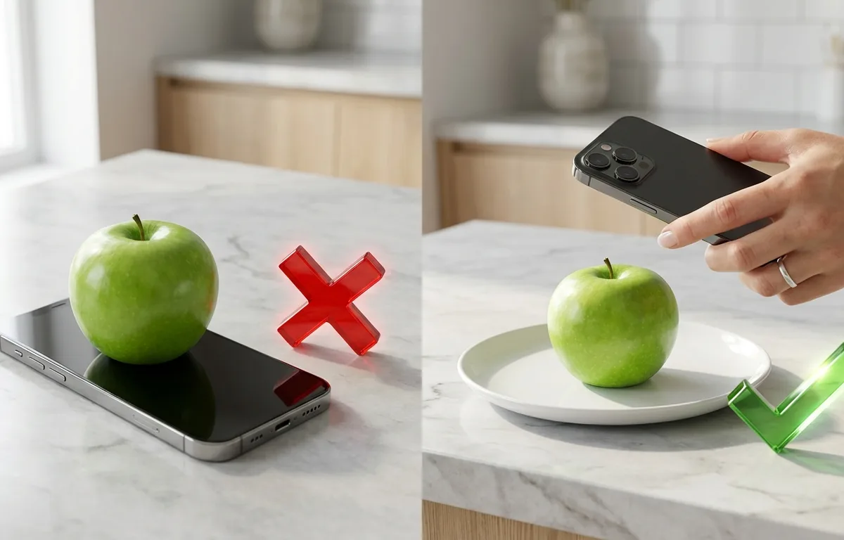A side-by-side comparison of using a kitchen scale versus a smartphone camera app for estimating food weight