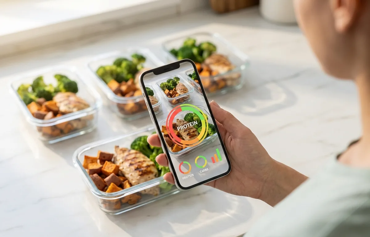 Using a phone app to scan and estimate food weight in multiple meal prep containers on a kitchen counter