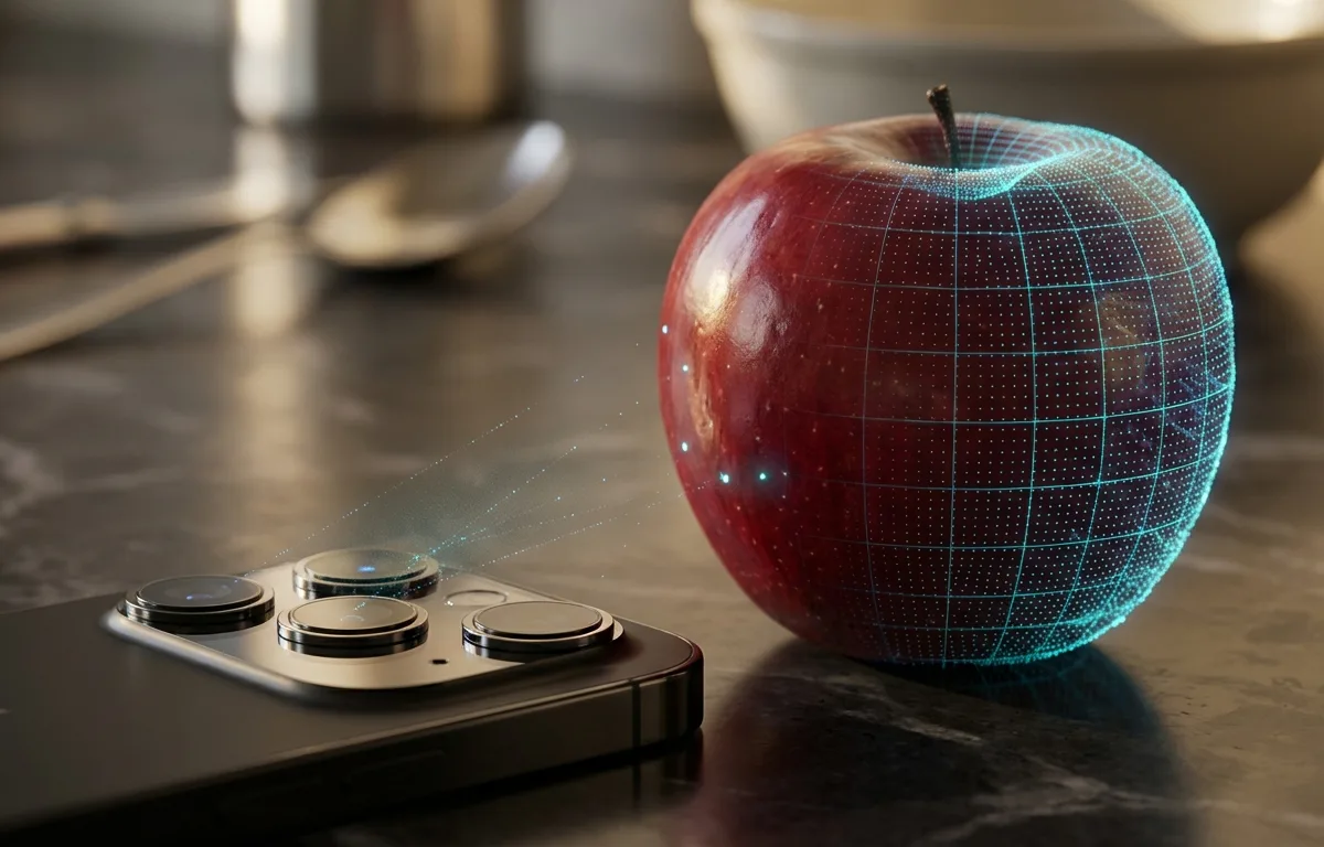 A phone using LiDAR depth sensing to map the 3D volume of food on a plate